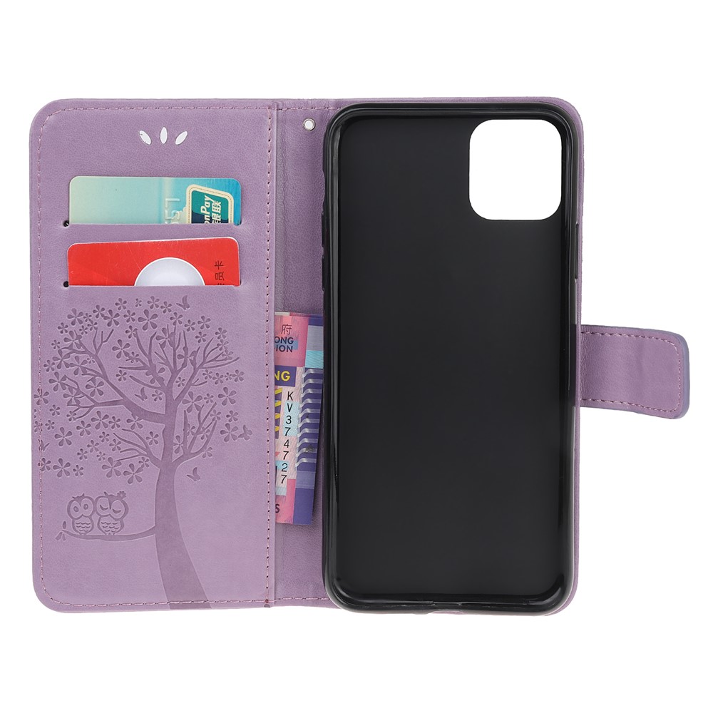 Imprint Tree Owl Wallet Leather Phone Case for iPhone 12 5.4 inch - Light Purple-10