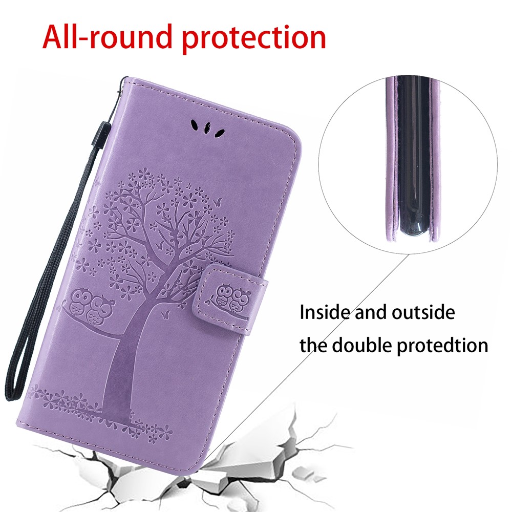 Étui de Téléphone en Cuir de Portefeuille de Chouettes à Empreinte Pour Iphone 12 Mini - Violet Clair-2