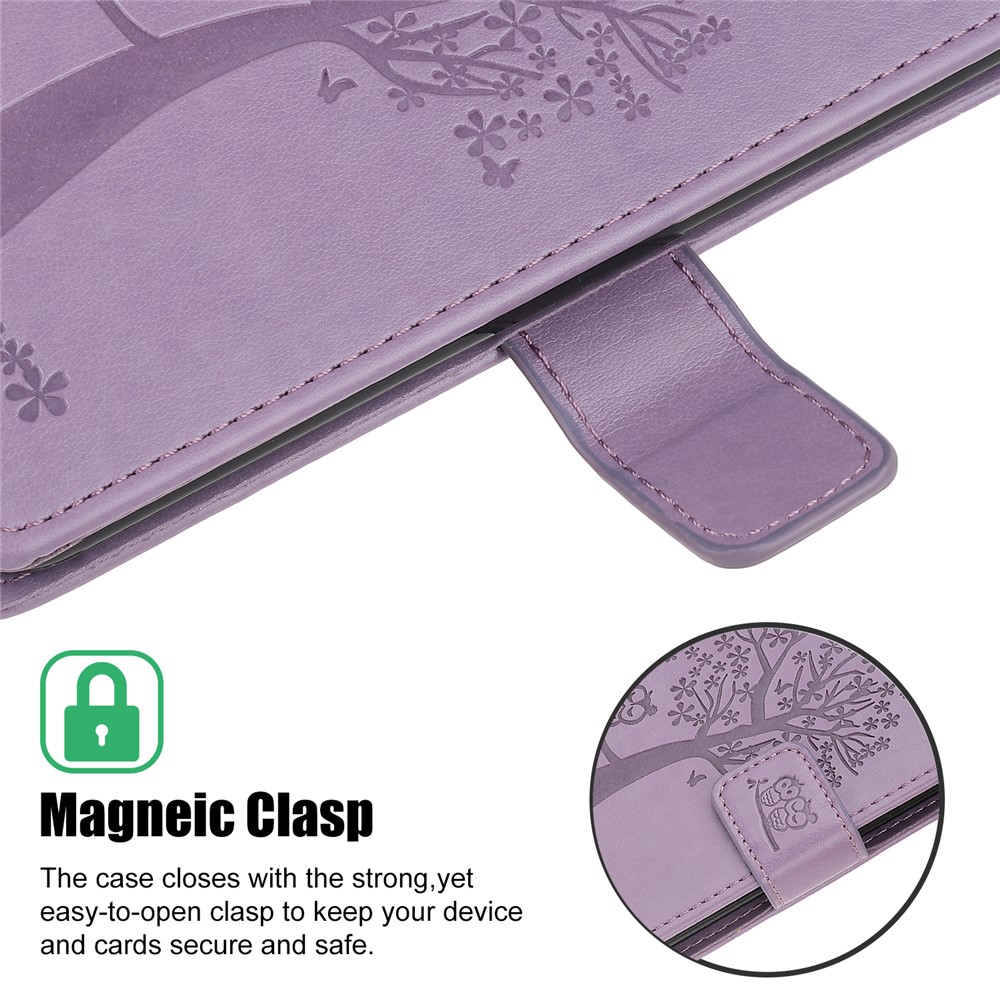 Imprint Tree Owl Wallet Leather Phone Case for iPhone 12 5.4 inch - Light Purple-4