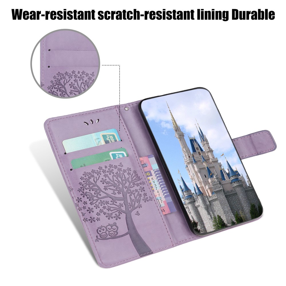 Imprint Tree Owl Wallet Leather Phone Case for iPhone 12 5.4 inch - Light Purple-5