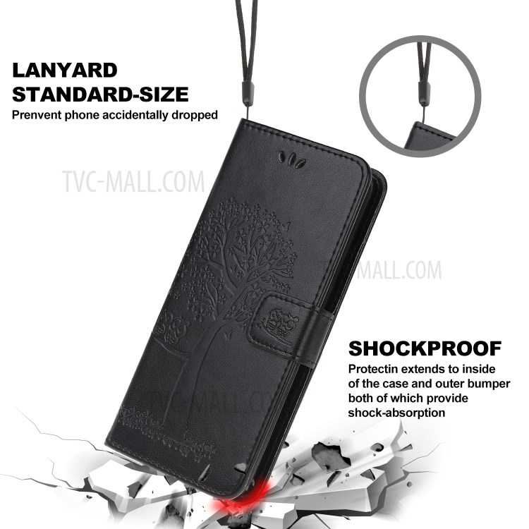 Imprint Tree Owl Wallet Leather Phone Cover for iPhone 12 Max 6.1 inch - Black-3