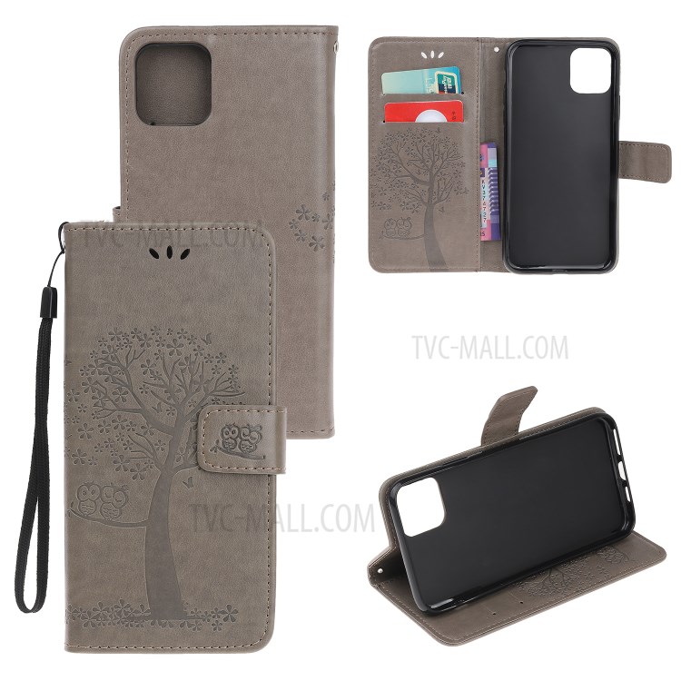 Imprint Tree Owl Wallet Leather Phone Cover for iPhone 12 Max 6.1 inch - Grey-1