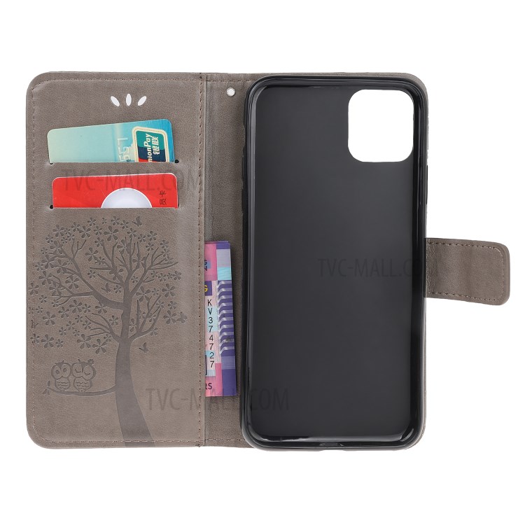 Imprint Tree Owl Wallet Leather Phone Cover for iPhone 12 Max 6.1 inch - Grey-10