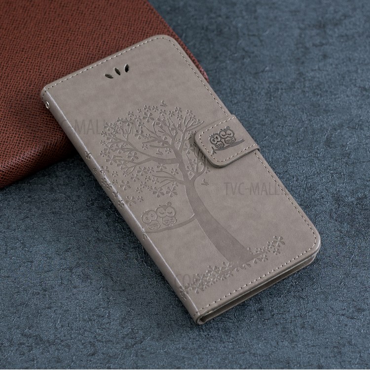 Imprint Tree Owl Wallet Leather Phone Cover for iPhone 12 Max 6.1 inch - Grey-11