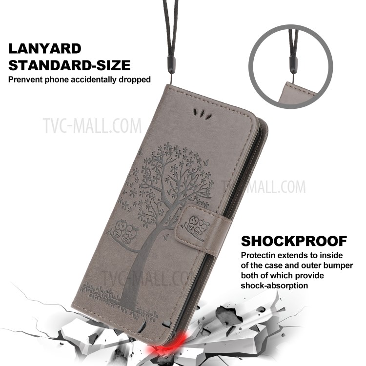 Imprint Tree Owl Wallet Leather Phone Cover for iPhone 12 Max 6.1 inch - Grey-3