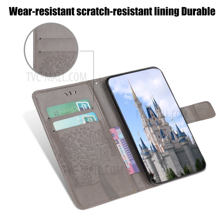 Imprint Tree Owl Wallet Leather Phone Cover for iPhone 12 Max 6.1 inch - Grey-5