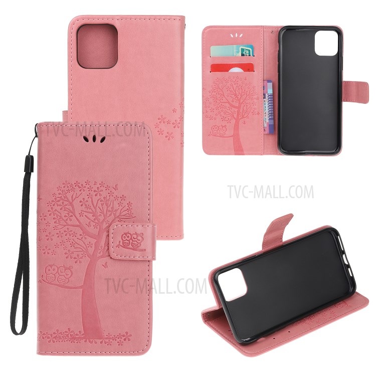 Imprint Tree Owl Wallet Leather Phone Cover for iPhone 12 Max 6.1 inch - Pink-1