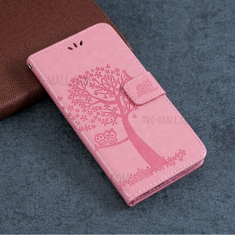 Imprint Tree Owl Wallet Leather Phone Cover for iPhone 12 Max 6.1 inch - Pink-11