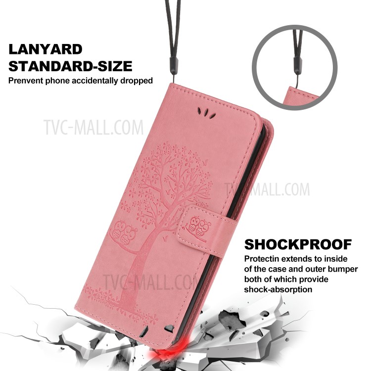 Imprint Tree Owl Wallet Leather Phone Cover for iPhone 12 Max 6.1 inch - Pink-3