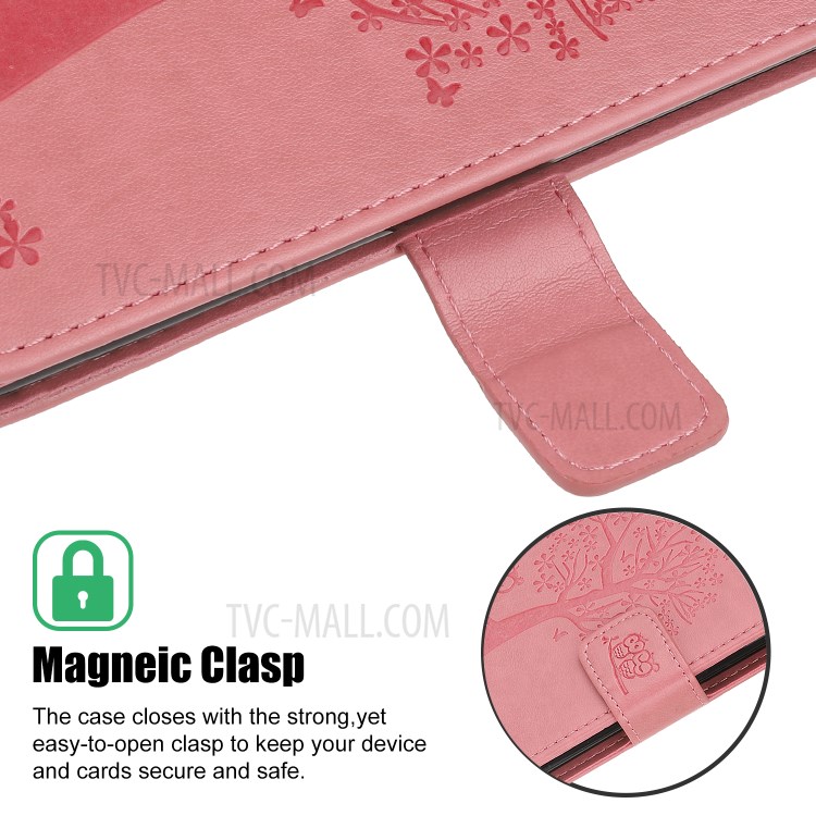 Imprint Tree Owl Wallet Leather Phone Cover for iPhone 12 Max 6.1 inch - Pink-4