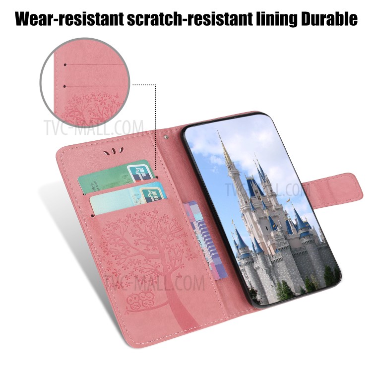 Imprint Tree Owl Wallet Leather Phone Cover for iPhone 12 Max 6.1 inch - Pink-5