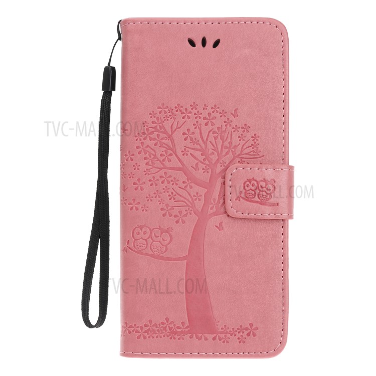 Imprint Tree Owl Wallet Leather Phone Cover for iPhone 12 Max 6.1 inch - Pink-7