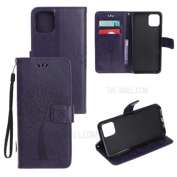 Imprint Tree Owl Wallet Leather Phone Cover for iPhone 12 Max 6.1 inch - Dark Purple-1