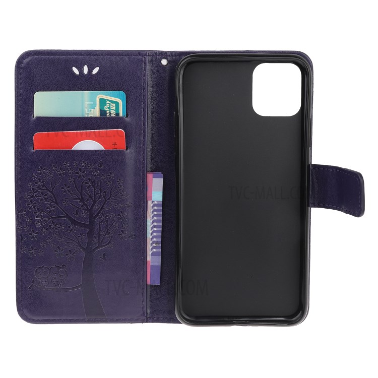 Imprint Tree Owl Wallet Leather Phone Cover for iPhone 12 Max 6.1 inch - Dark Purple-10