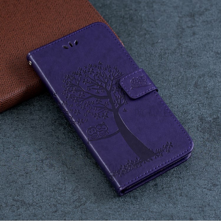 Imprint Tree Owl Wallet Leather Phone Cover for iPhone 12 Max 6.1 inch - Dark Purple-11
