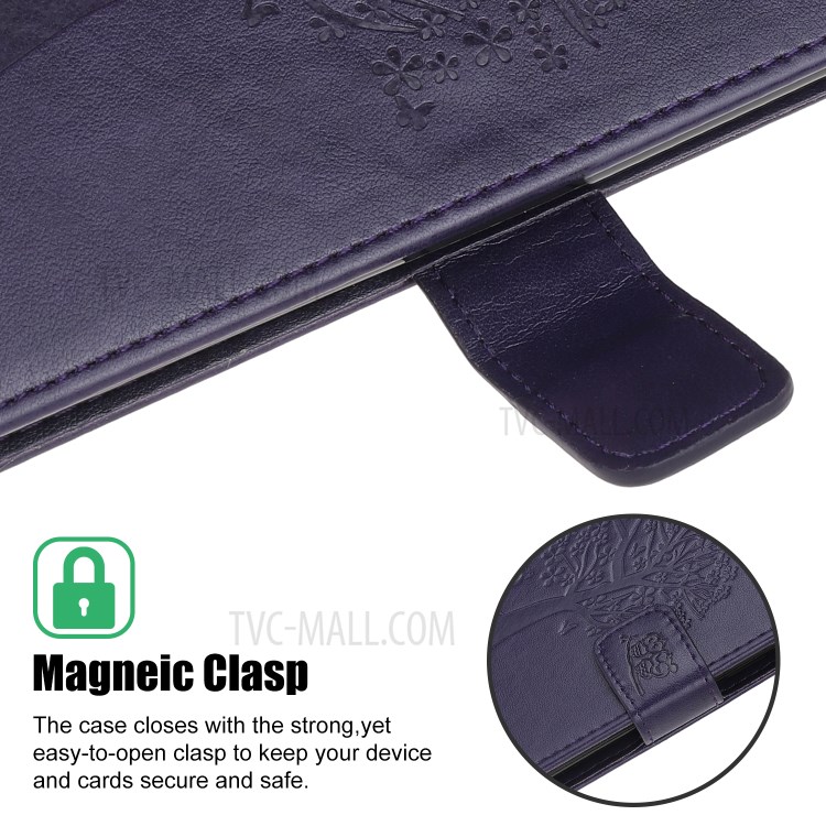 Imprint Tree Owl Wallet Leather Phone Cover for iPhone 12 Max 6.1 inch - Dark Purple-4