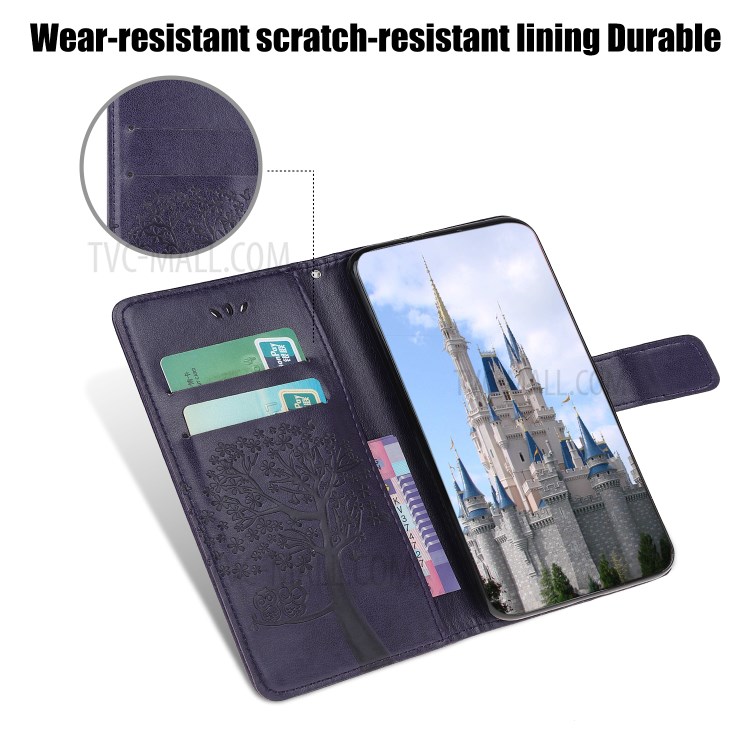Imprint Tree Owl Wallet Leather Phone Cover for iPhone 12 Max 6.1 inch - Dark Purple-5