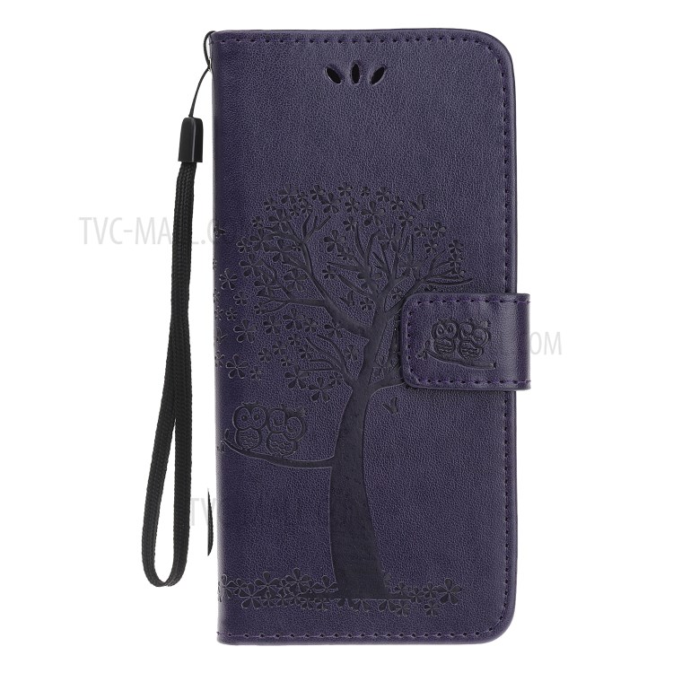 Imprint Tree Owl Wallet Leather Phone Cover for iPhone 12 Max 6.1 inch - Dark Purple-7