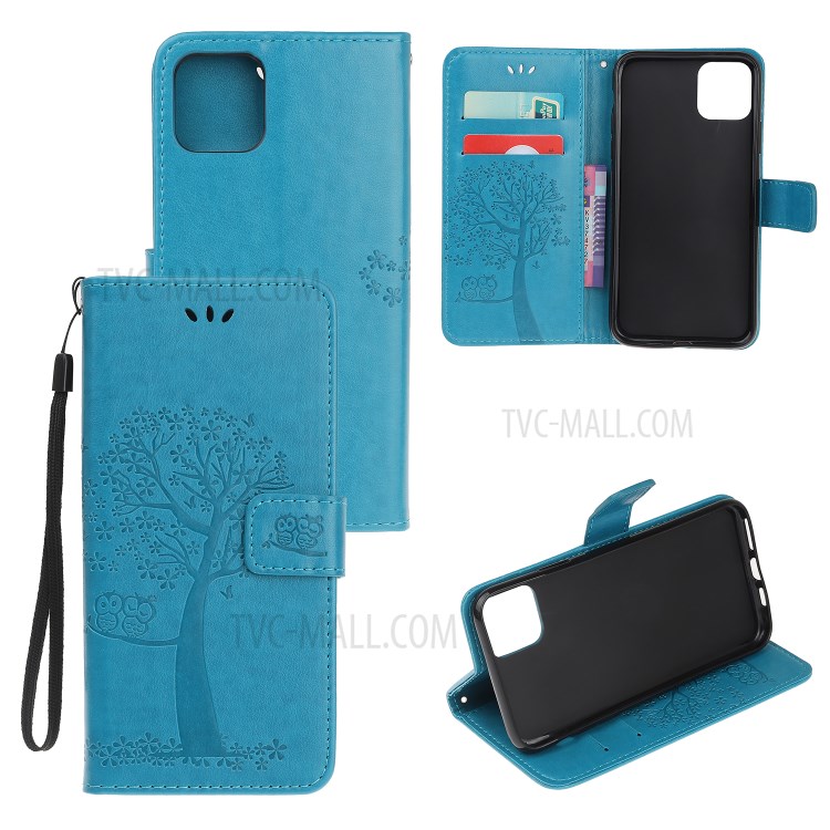 Imprint Tree Owl Wallet Leather Protection Case for iPhone 12 Pro 6.1 inch - Blue-1