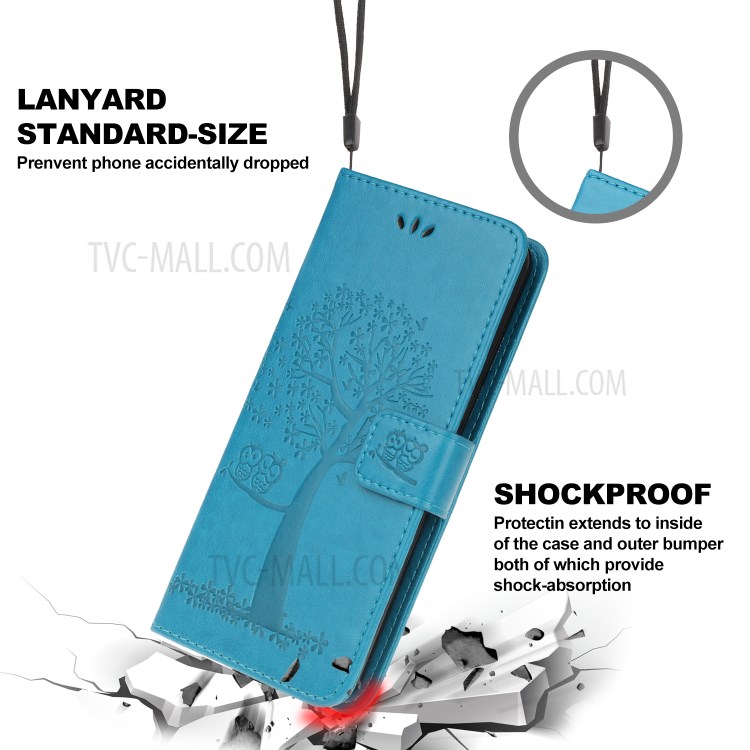 Imprint Tree Owl Wallet Leather Protection Case for iPhone 12 Pro 6.1 inch - Blue-2
