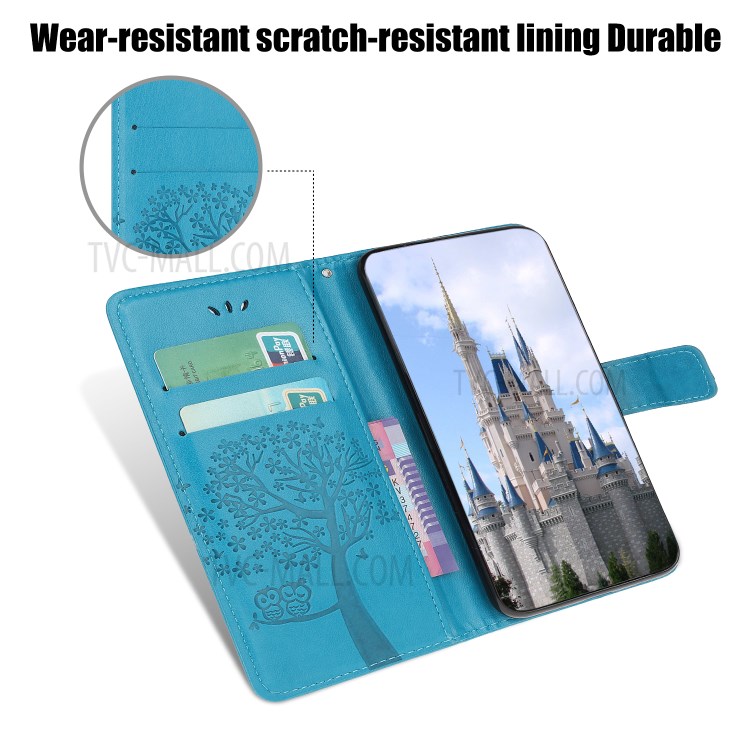 Imprint Tree Owl Wallet Leather Protection Case for iPhone 12 Pro 6.1 inch - Blue-4