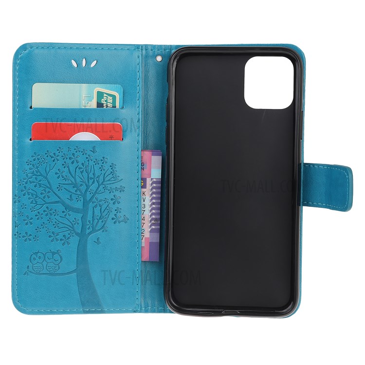 Imprint Tree Owl Wallet Leather Protection Case for iPhone 12 Pro 6.1 inch - Blue-9