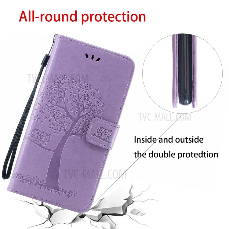 Imprint Tree Owl Wallet Leather Protection Case for iPhone 12 Pro 6.1 inch - Light Purple-2