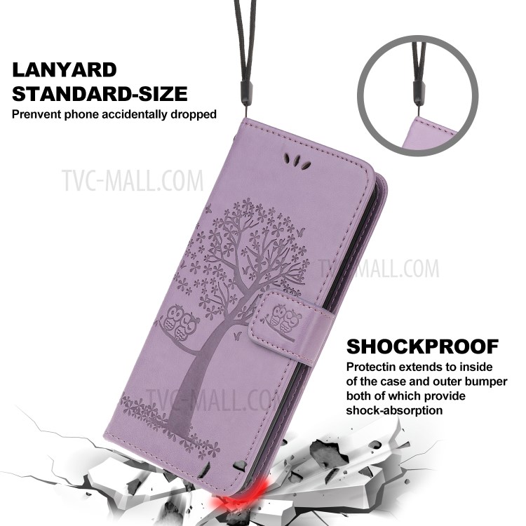 Imprint Tree Owl Wallet Leather Protection Case for iPhone 12 Pro 6.1 inch - Light Purple-3