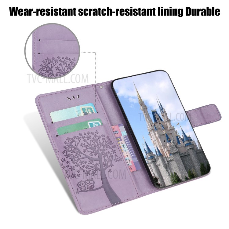 Imprint Tree Owl Wallet Leather Protection Case for iPhone 12 Pro 6.1 inch - Light Purple-5