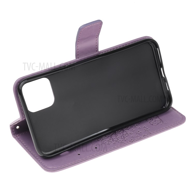 Imprint Tree Owl Wallet Leather Protection Case for iPhone 12 Pro 6.1 inch - Light Purple-9