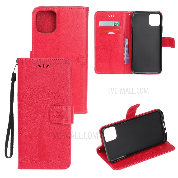Imprint Tree Owl Leather Wallet Cell Phone Case for iPhone 12 Pro Max 6.7 inch - Red-1