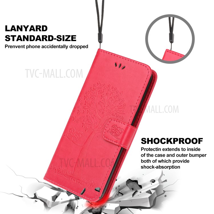 Imprint Tree Owl Leather Wallet Cell Phone Case for iPhone 12 Pro Max 6.7 inch - Red-3