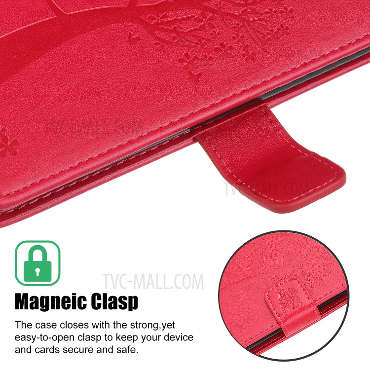 Imprint Tree Owl Leather Wallet Cell Phone Case for iPhone 12 Pro Max 6.7 inch - Red-4