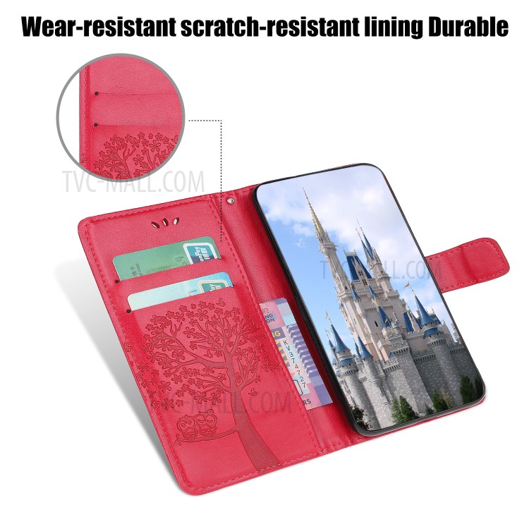 Imprint Tree Owl Leather Wallet Cell Phone Case for iPhone 12 Pro Max 6.7 inch - Red-5