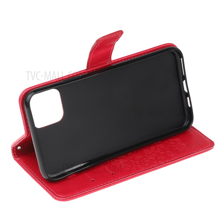 Imprint Tree Owl Leather Wallet Cell Phone Case for iPhone 12 Pro Max 6.7 inch - Red-8