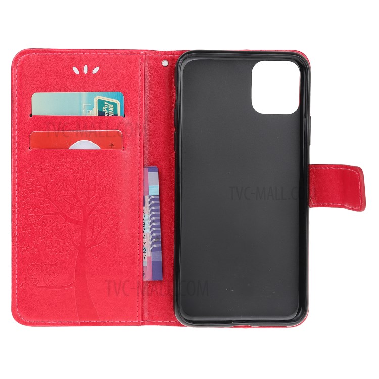 Imprint Tree Owl Leather Wallet Cell Phone Case for iPhone 12 Pro Max 6.7 inch - Red-9