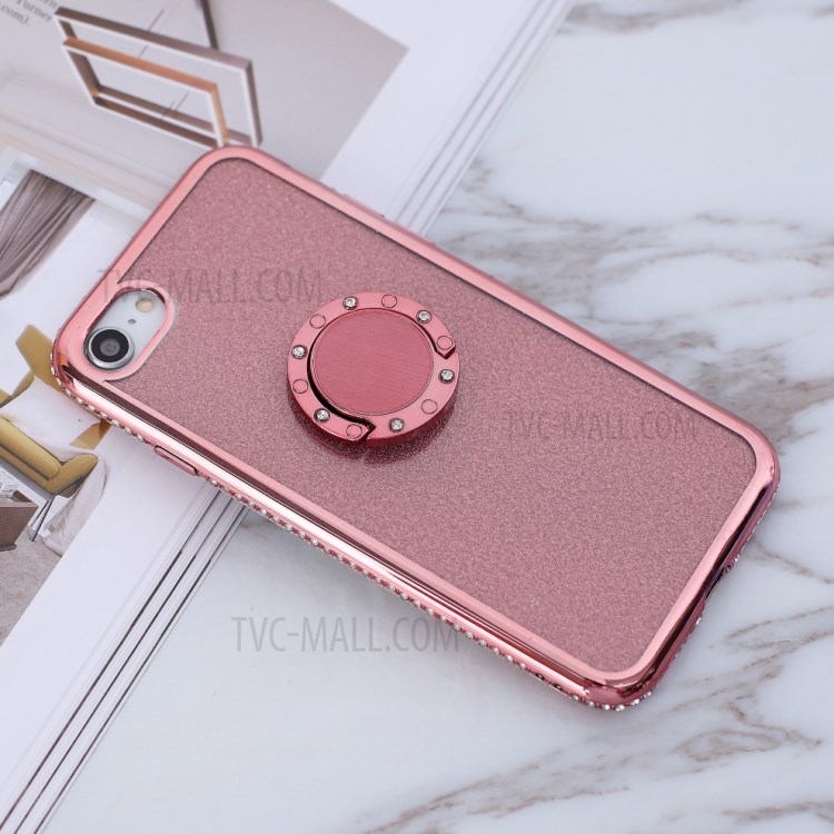 Glittery Powder Electroplating TPU Shell with Metal Kickstand Case for iPhone 7/8/SE (2nd Generation) - Rose Gold-1