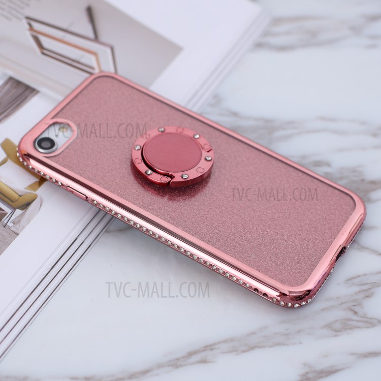 Glittery Powder Electroplating TPU Shell with Metal Kickstand Case for iPhone 7/8/SE (2nd Generation) - Rose Gold-3