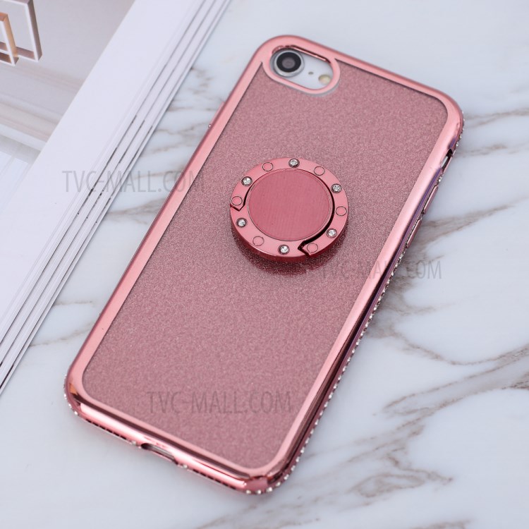 Glittery Powder Electroplating TPU Shell with Metal Kickstand Case for iPhone 7/8/SE (2nd Generation) - Rose Gold-4