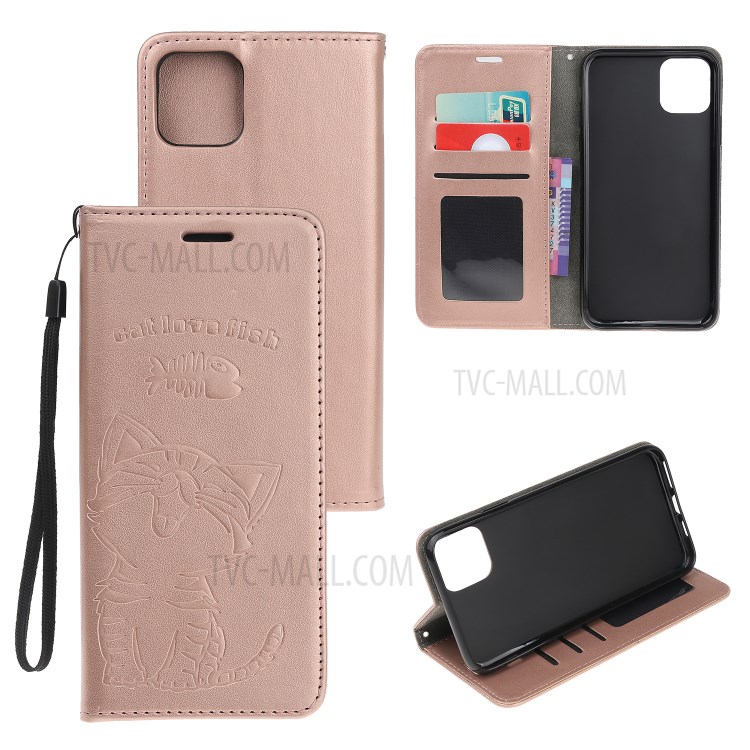 Imprint Cat and Fishbone Pattern Leather Wallet Covering for iPhone 12 5.4-inch - Rose Gold-1