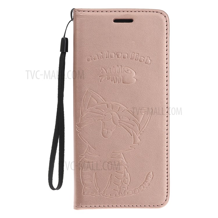 Imprint Cat and Fishbone Pattern Leather Wallet Covering for iPhone 12 5.4-inch - Rose Gold-2