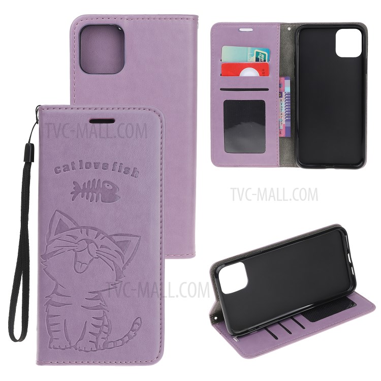 Imprint Cat and Fishbone Pattern Leather Wallet Covering for iPhone 12 5.4-inch - Purple-1