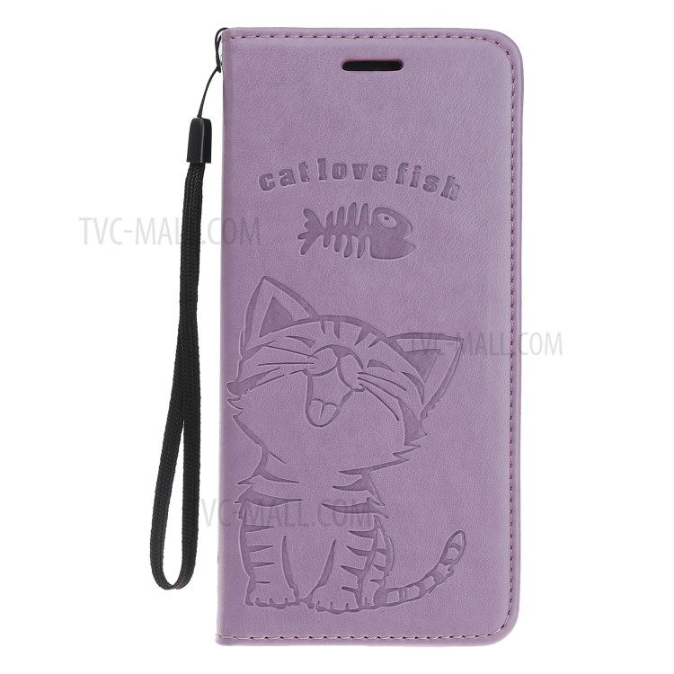Imprint Cat and Fishbone Pattern Leather Wallet Covering for iPhone 12 5.4-inch - Purple-2