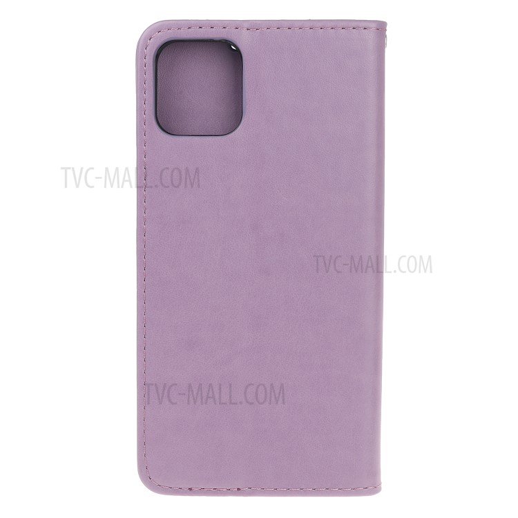 Imprint Cat and Fishbone Pattern Leather Wallet Covering for iPhone 12 5.4-inch - Purple-3