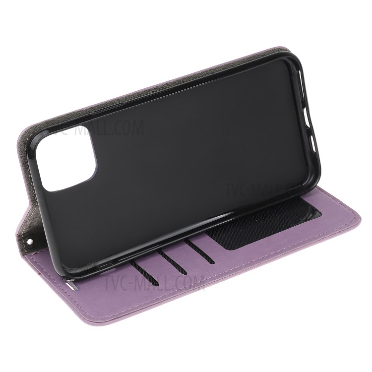 Imprint Cat and Fishbone Pattern Leather Wallet Covering for iPhone 12 5.4-inch - Purple-4