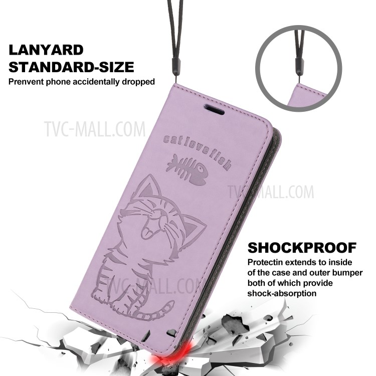 Imprint Cat and Fishbone Pattern Leather Wallet Covering for iPhone 12 5.4-inch - Purple-7
