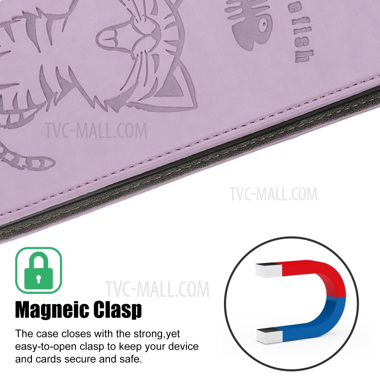 Imprint Cat and Fishbone Pattern Leather Wallet Covering for iPhone 12 5.4-inch - Purple-9