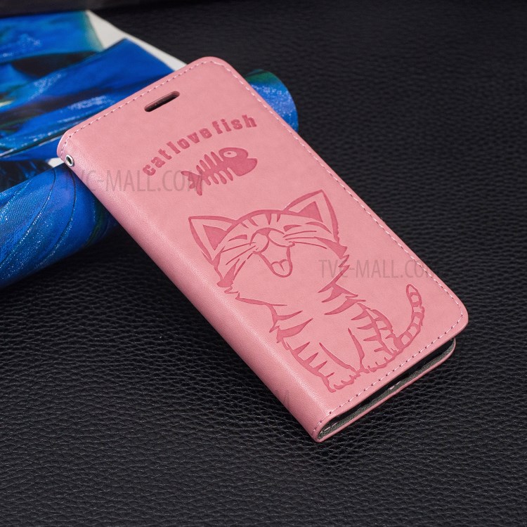 Imprint Cat and Fishbone Pattern Leather Wallet Covering for iPhone 12 5.4-inch - Pink-10