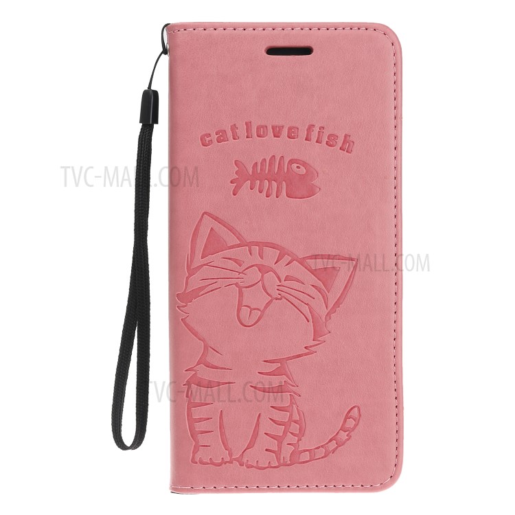 Imprint Cat and Fishbone Pattern Leather Wallet Covering for iPhone 12 5.4-inch - Pink-2