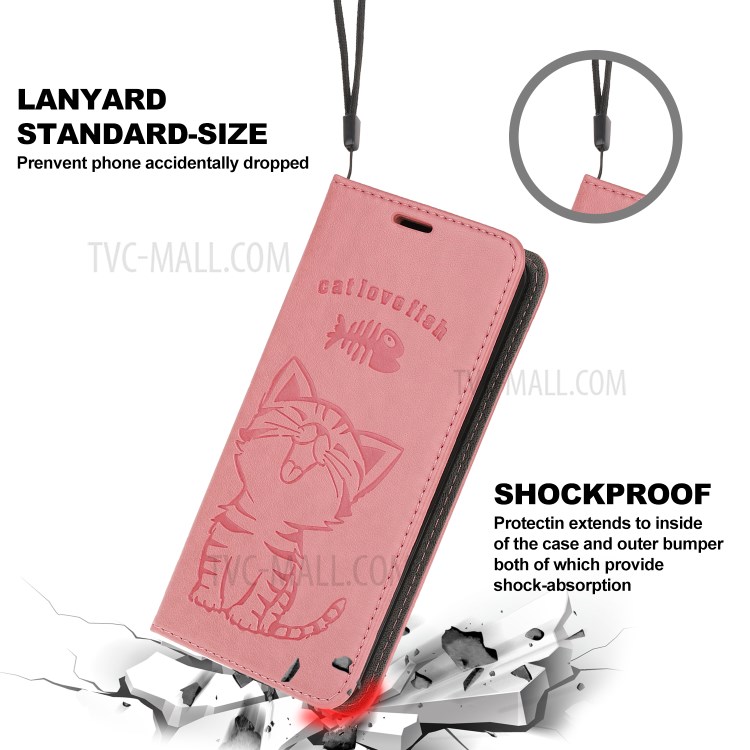 Imprint Cat and Fishbone Pattern Leather Wallet Covering for iPhone 12 5.4-inch - Pink-6